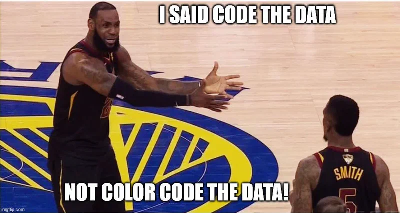 Meme featuring LeBron James gesturing emphatically, with overlaid text emphasizing the importance of coding data rather than color-coding it, referencing challenges encountered while analyzing American Rescue Plan Act (ARPA) data. The image highlights the frustration of working with poorly structured administrative data.