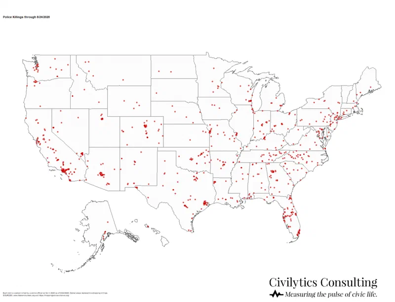This map displays reported police killings through August 24, 2020, with each red dot representing one incident. The data shows a geographically uneven distribution of police killings across the United States, with higher concentrations in several states.